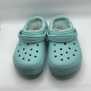 Crocs Comfort Kids Classic Faux Fur Lined Clogs Teal Sz J5 Sports Strap Fuzzy